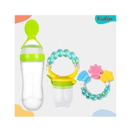 Kritiu Baby Silicone Squeezy Food Feeder Spoon Bottle Rattle Teether and Silicone Fruit & Food Nibbler -(Pack of 3)- Green-picture-22