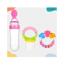 Kritiu Baby Silicone Squeezy Food Feeder Spoon Bottle Rattle Teether and Silicone Fruit & Food Nibbler -(Pack of 3)- Pink-picture-12