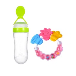 Kritiu Kids Squeezy Food Feeder Bottle With Spoon & Rattle Teether - Green - Blue - 90 ml-picture-22
