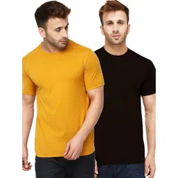 Kroptee Pack of 2 Men Mustard Black Round Neck Regular T-shirt-picture-40