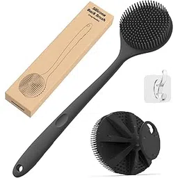 KROYWEN Silicone Back Scrubber(Thick Bristles) & Soft Bath Glove Set, Super-Exfoliating Body Scrubber & Super-Lathering Shower Body Brush Combination, With A Free Hook.(Black)-picture-13