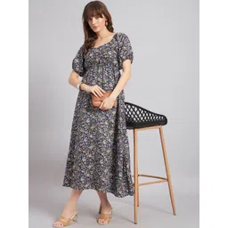 Krunal Raiyani Floral Print Puff Sleeve Crepe A-Line Midi Dress-picture-34