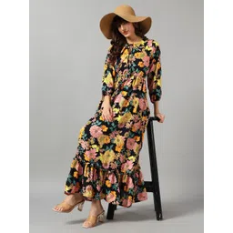 Krunal Raiyani Floral Printed Tie-Up Neck Crepe Fit & Flare Maxi Dress-picture-14