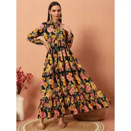 Krunal Raiyani Floral Printed Tie-Up Neck Puff Sleeve Fit & Flare Maxi Dress image 1