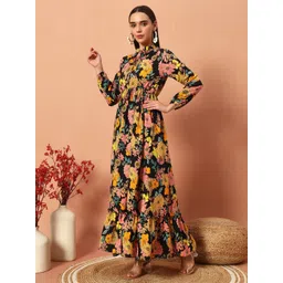 Krunal Raiyani Floral Printed Tie-Up Neck Puff Sleeve Fit & Flare Maxi Dress image 4