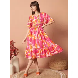 Krunal Raiyani Women Abstract Printed Flared Sleeve Fit & Flare Midi Dress-picture-17