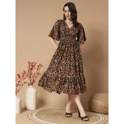 Krunal Raiyani Women Animal Printed Flared Sleeve Smocked Detail Fit & Flare Midi Dress-picture-35