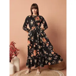 Krunal Raiyani Women Floral Printed Tie-Up Neck Fit And Flare Maxi Dresses-picture-26