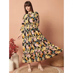 Krunal Raiyani Women Floral Printed Tie-Up Neck Fit And Flare Maxi Dresses-picture-28