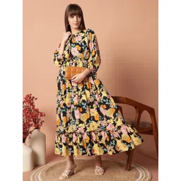 Krunal Raiyani Women Floral Printed Tie-Up Neck Fit & Flare Midi Dress-picture-27