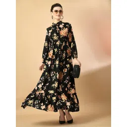 Krunal Raiyani Women Floral Printed Tie-Up Neck Puff Sleeve Fit & Flare Dress-picture-11