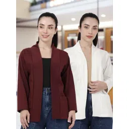 Kryptic Burgundy and Off White Cotton Solid Open Front Shrug with Pockets, Pack of 2-picture-16