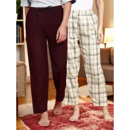 Kryptic Coffee Brown & Off White Cotton Relaxed Fit Printed Lounge Pants - Pack of 2-picture-32