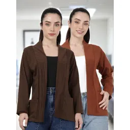 Kryptic Dark Brown and Light Brown Cotton Solid Open Front Shrug with Pockets, Pack of 2-picture-19