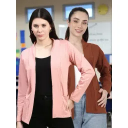 Kryptic Dusty Pink and Light Brown Cotton Solid Open Front Shrug with Pockets, Pack of 2-picture-26