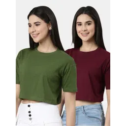 Kryptic Green & Maroon Cotton Relaxed Fit Crop T-Shirt (Pack Of 2)-picture-20