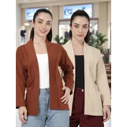 Kryptic Light Brown and Light Fawn Cotton Solid Open Front Shrug with Pockets, Pack of 2-picture-45