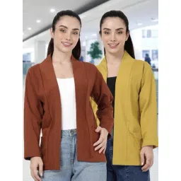 Kryptic Light Brown and Rust Yellow Cotton Solid Open Front Shrug with Pockets, Pack of 2-picture-17