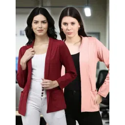 Kryptic Maroon and Dusty Pink Cotton Solid Open Front Shrug with Pockets, Pack of 2-picture-10