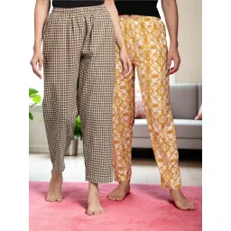 Kryptic Mustard & Brown Cotton Relaxed Fit Printed Lounge Pants - Pack of 2 image 1