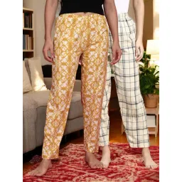 Kryptic Mustard & Off White Cotton Relaxed Fit Printed Lounge Pants - Pack of 2-picture-22