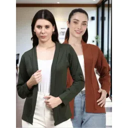 Kryptic Olive and Light Brown Cotton Solid Open Front Shrug with Pockets, Pack of 2-picture-19