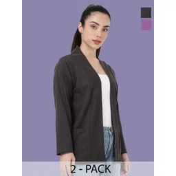 Kryptic Pack Of 2 Open Front Regular Fit Cotton Shrugs With Pocket For Layering-picture-25