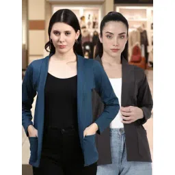 Kryptic Teal Blue and Elephant Grey Cotton Solid Open Front Shrug with Pockets, Pack of 2-picture-37
