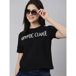 Kryptic Typography Printed Round Neck Cotton Crop Relaxed Fit T-shirt-picture-10
