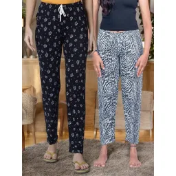 Kryptic White & Navy Cotton Relaxed Fit Printed Lounge Pants - Pack of 2 image 1