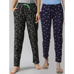 Kryptic Woman Pack Of 2 Navy Blue & Black Cotton Printed Lounge Pants-picture-12
