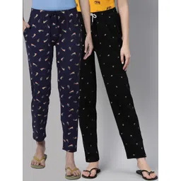 Kryptic Women Navy Blue & Black Set Of 2 Printed Pure Cotton Lounge Pants-picture-27