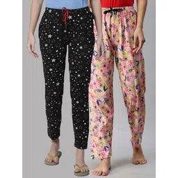 Kryptic Women Pack of 2 Black & Pink Printed Mid Rise Cotton Lounge Pants-picture-17