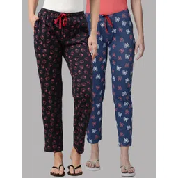 Kryptic Women Pack of 2 Blue & Black Printed Mid Rise Cotton Lounge Pants-picture-21