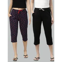 Kryptic Women Pack Of 2 Navy Blue & Black Printed Pure Cotton Capris-picture-26