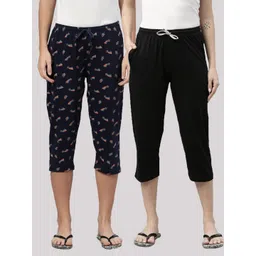 Kryptic Women Pack Of 2 Navy Blue & Black Printed Pure Cotton Capris-picture-25