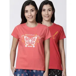 Kryptic Women Pack Of 2 Orange & Red Printed Pure Cotton Lounge T-shirts-picture-29