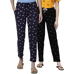 kryptic Women Pack of 2 Pure Cotton Printed Relaxed fit lounge pant(Off White/Navy_2;XXL)-picture-53