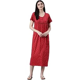 kryptic Womens Nightdress Pure Cotton Printed Maxi Length Relaxed Fit Sleepdress Nightwear with Side Pocket and Chest Button Placket for Feeding-picture-15