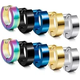 krystalz 5 Pairs Combo Of Mens Stainless Steel Piercing Clip on Bali Stud Combo Earrings Pierced Hoop Earrings for men boys-picture-38