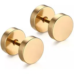 krystalz Classic Hip-Hop Mens Barbell Round Dumble Stud Earrings - 8MM (Pack Of 1 Pairs - Gold)-picture-10