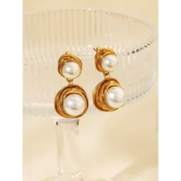 KRYSTALZ Stainless Steel 18k Gold-Plated Pearls Beaded Circular Shaped Drop Earrings-picture-30
