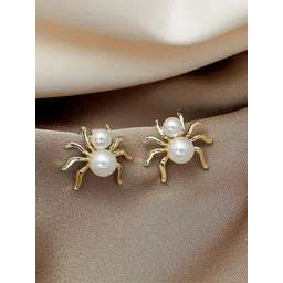 KRYSTALZ Stainless Steel Gold-Plated Pearls Studded Spider Shaped Studs-picture-19