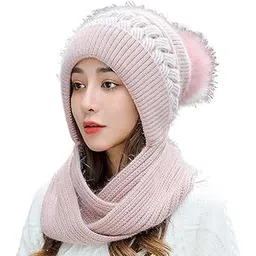 krystle Women's Knitted Hat Winter Plush Velvet Warm Woolen Cap Neck Scarf | Twist Color Fuzzy Slouchy Beanie Monkey Cap with Muffler for Ski Hiking Outdoor Girls & Ladies (Pink)-picture-33