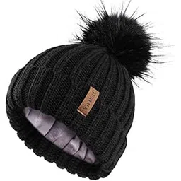 krystle Womens Winter Knitted Beanie Hat with Faux Fur Pom Warm Knit Skull Cap Beanie (Black)-picture-19