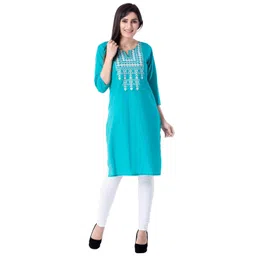 Ksharaa Women Turquoise Blue & White Geometric Yoke Design Thread Work Straight Kurta-picture-23
