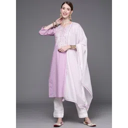 KSUT Women Lavender & White Printed Thread Work Pure Cotton Kurta with Trousers & Dupatta-picture-32
