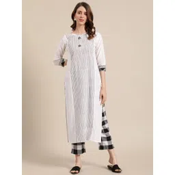 KSUT Women Off White & Black Striped Panelled Straight Kurta with Trousers-picture-27