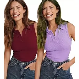 kt style Women's Lycra Ribbed Polo Collared Regular Fit Sleeveless Full Length Tops Combo Pack of 2-picture-18