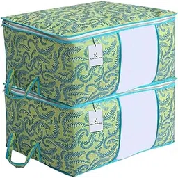 Kuber Industries 2 Pcs Non-Woven Metallic Print Non Woven Underbed Bag|Storage Organiser|Blanket Cover with Transparent Window|Storage Bag for Clothes Large (Olive Green)-image-4